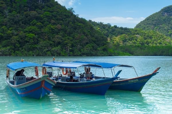 Boats moored beside a green karst island on a Langkawi island-hopping day trip